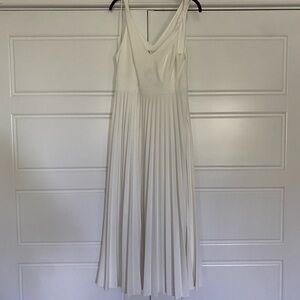 Zara White V-Neck Dress with Pleated Drop Waist - Size Medium